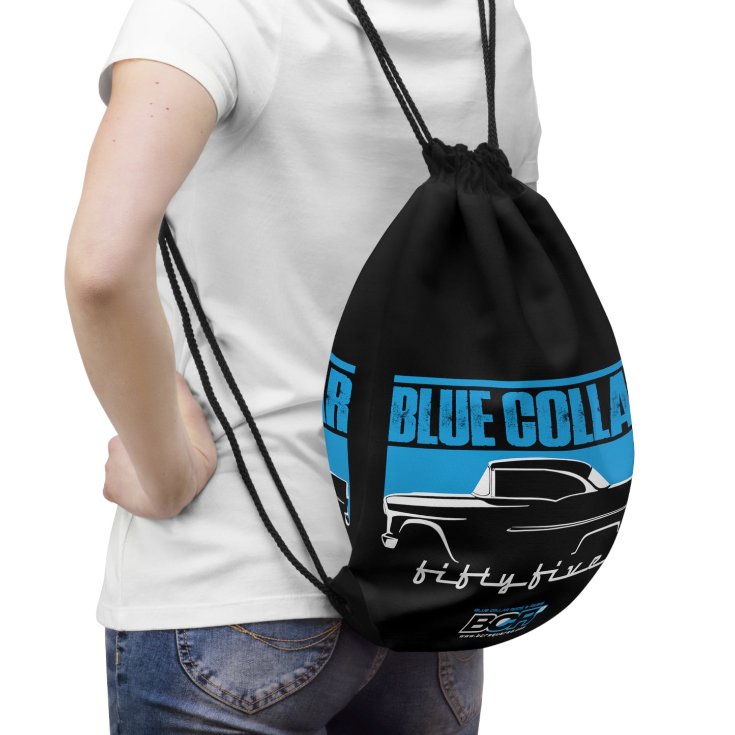 Blue Collar Fifty Five Black Drawstring Bag