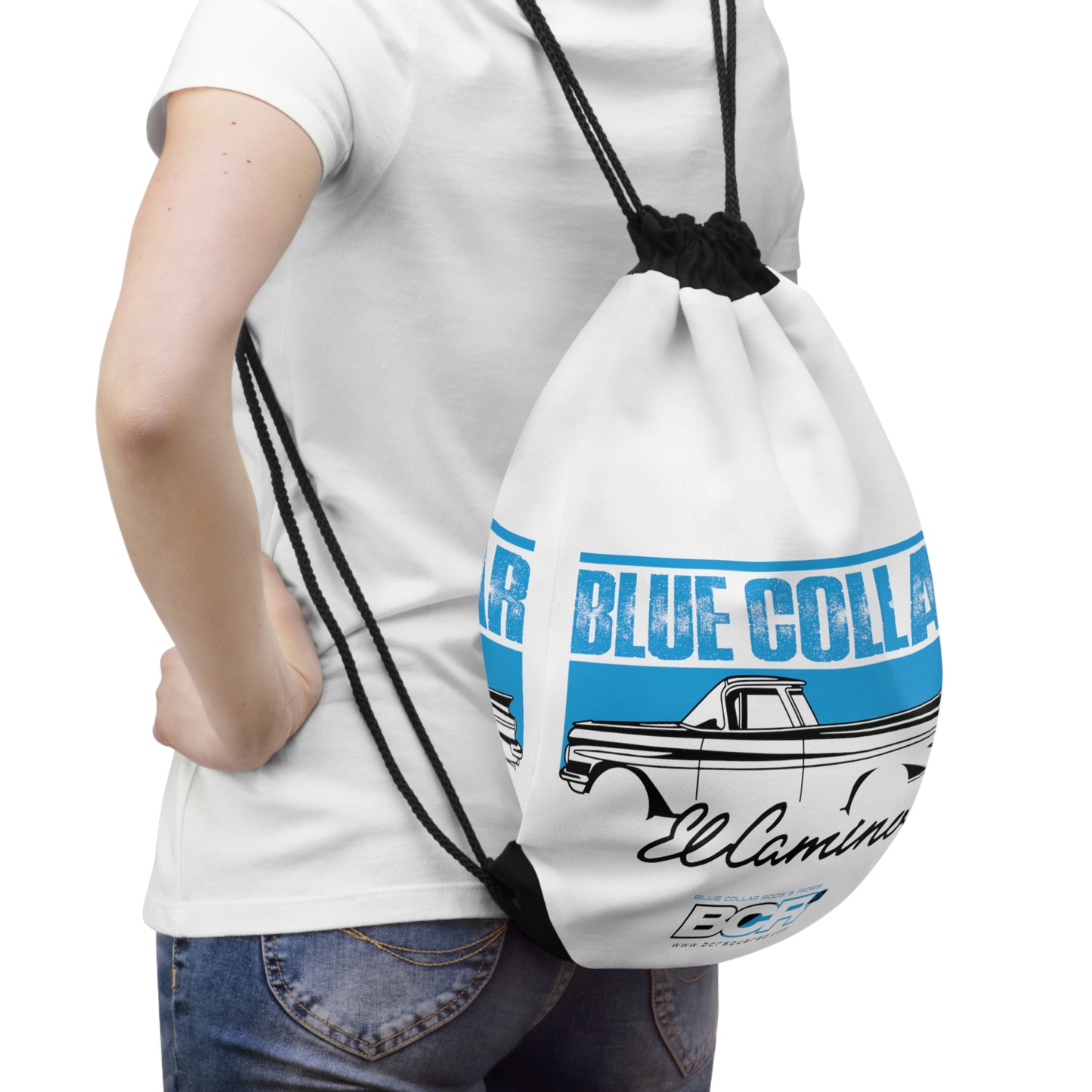 Blue Collar El Camino White Drawstring Bag