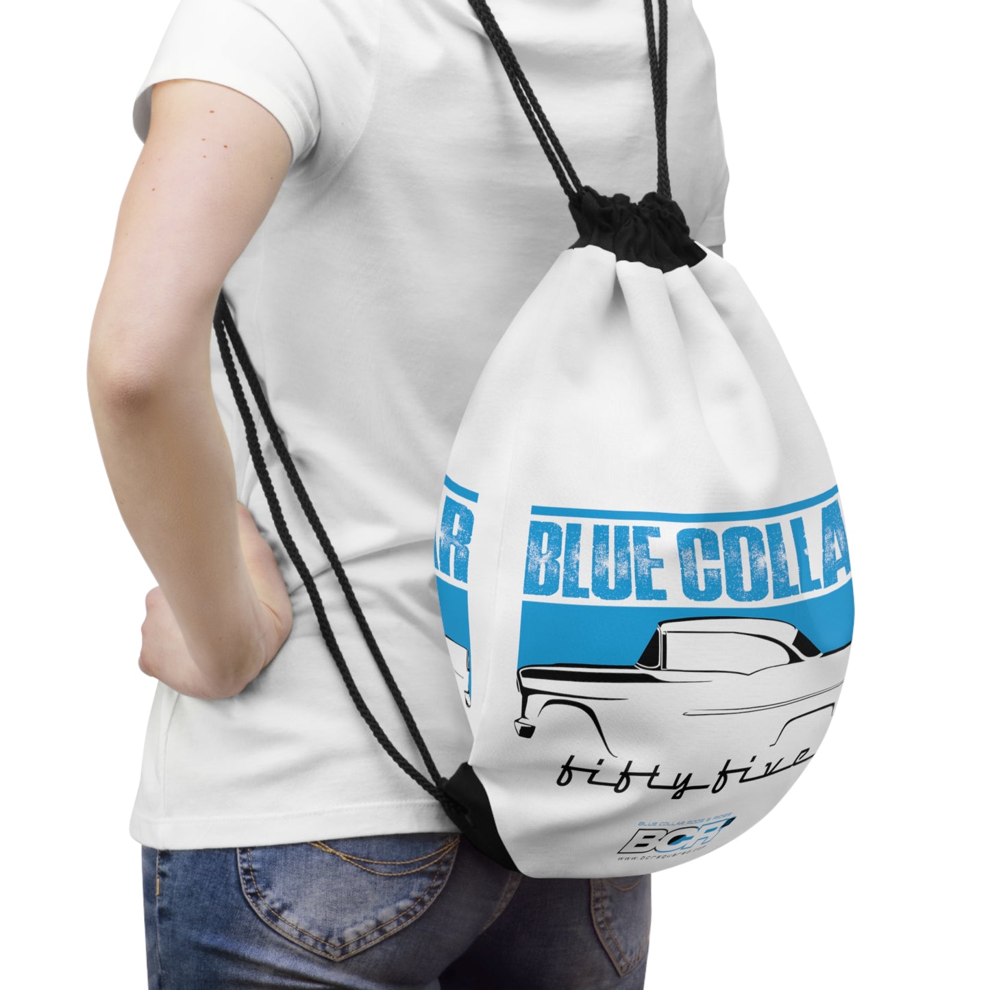 Blue Collar Fifty Five White Drawstring Bag