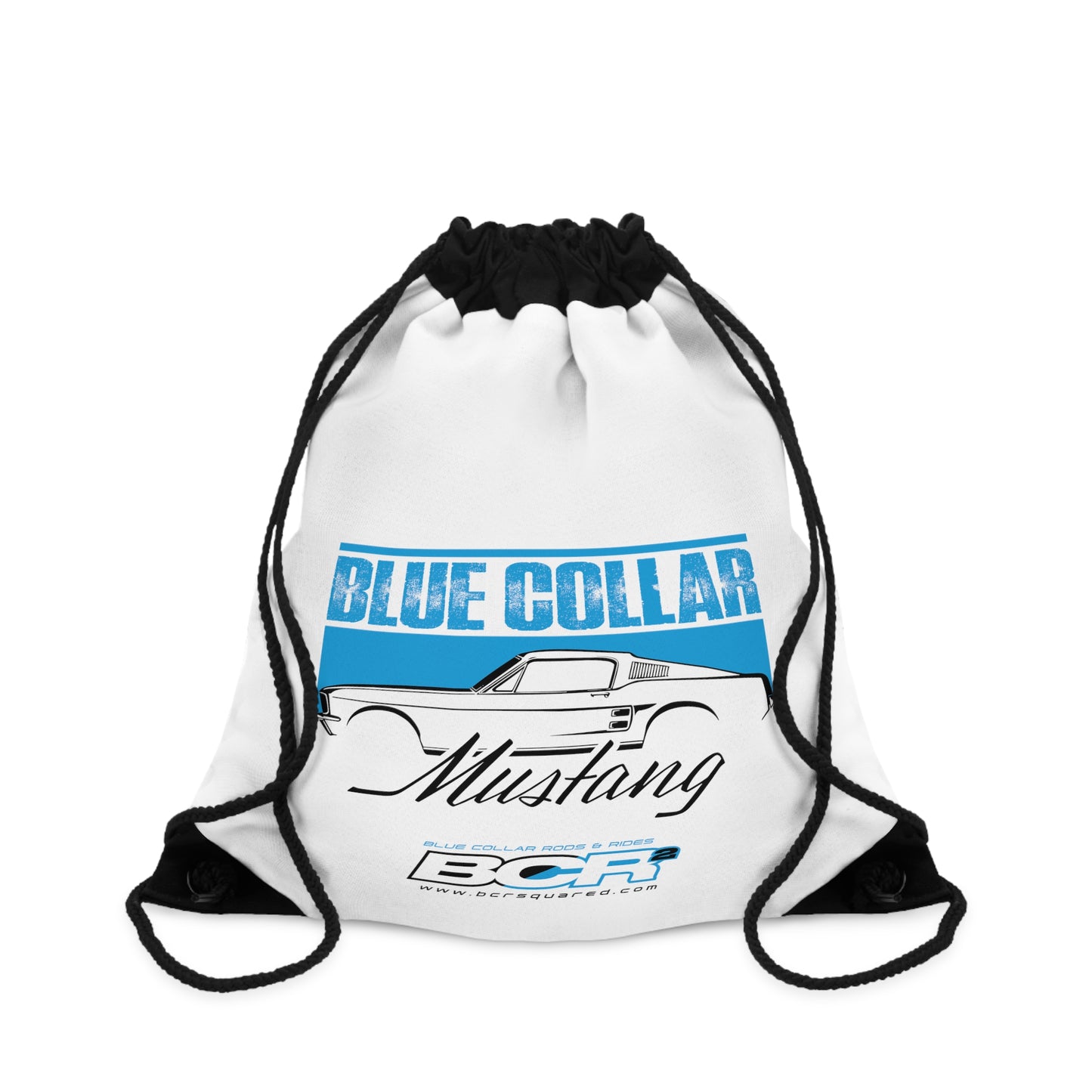 Blue Collar Mustang White Drawstring Bag