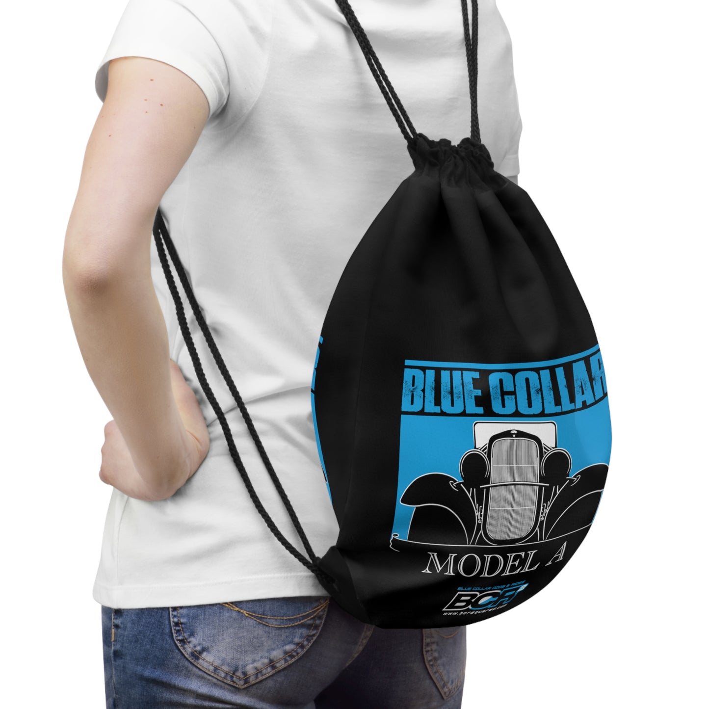 Blue Collar Model A Black Drawstring Bag