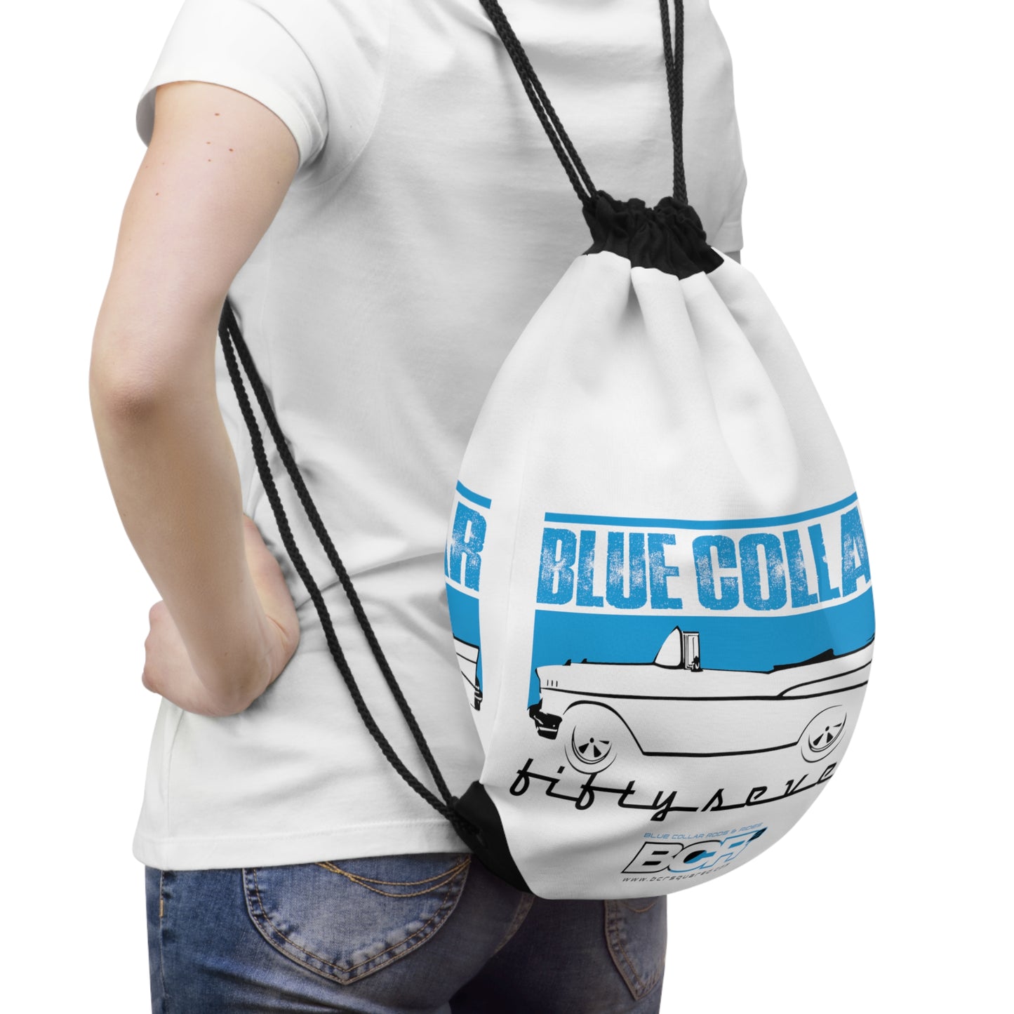 Blue Collar Fifty Seven White Drawstring Bag