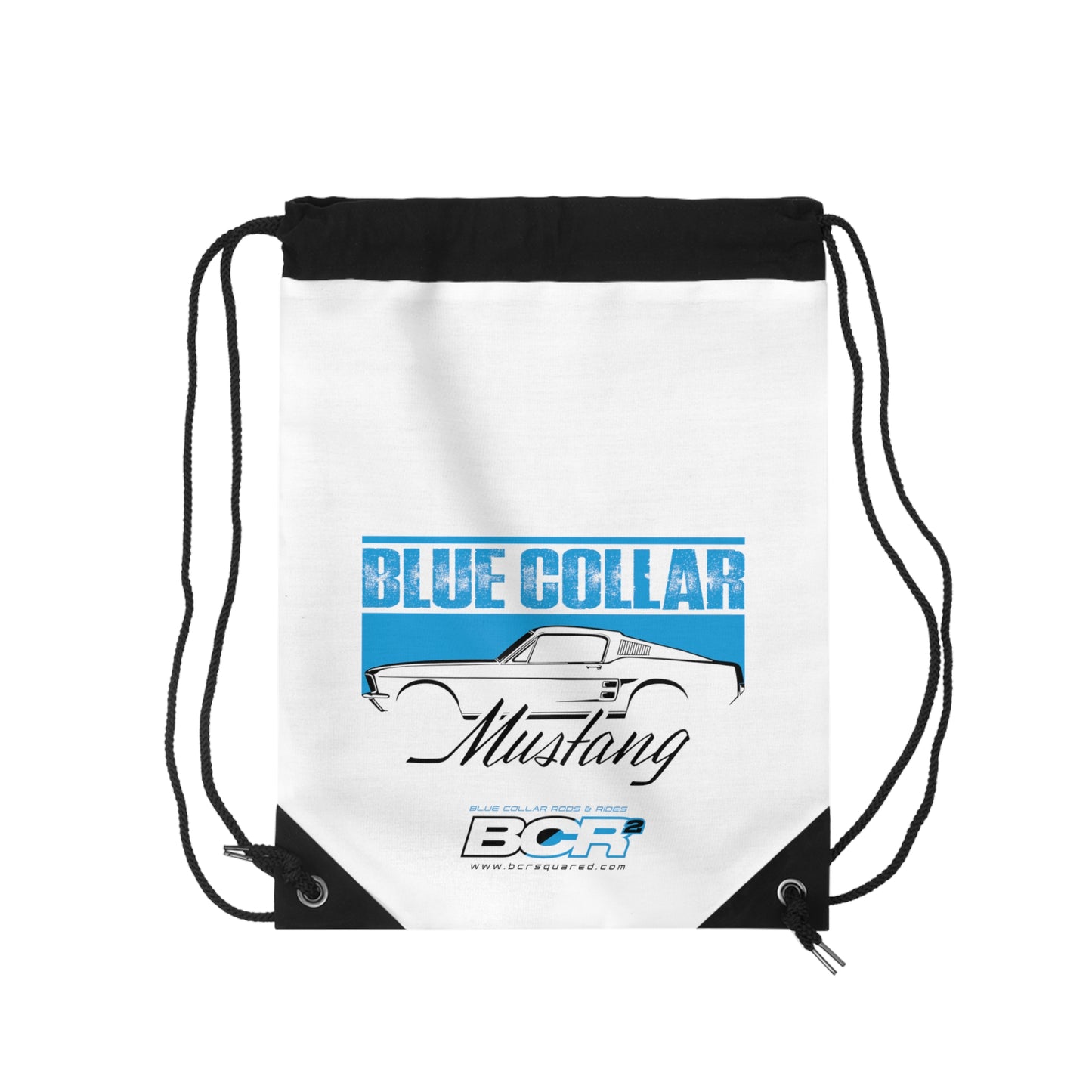 Blue Collar Mustang White Drawstring Bag