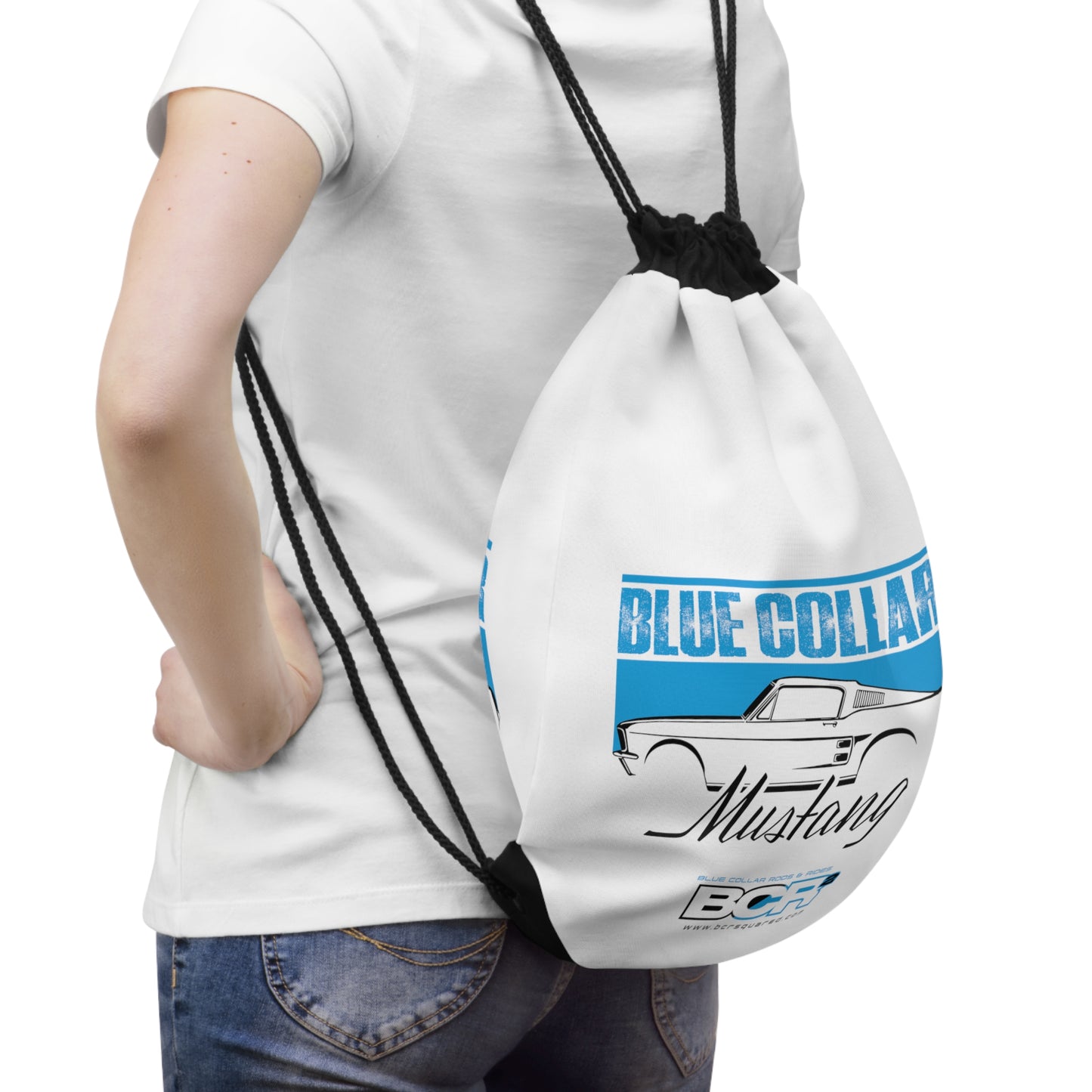 Blue Collar Mustang White Drawstring Bag