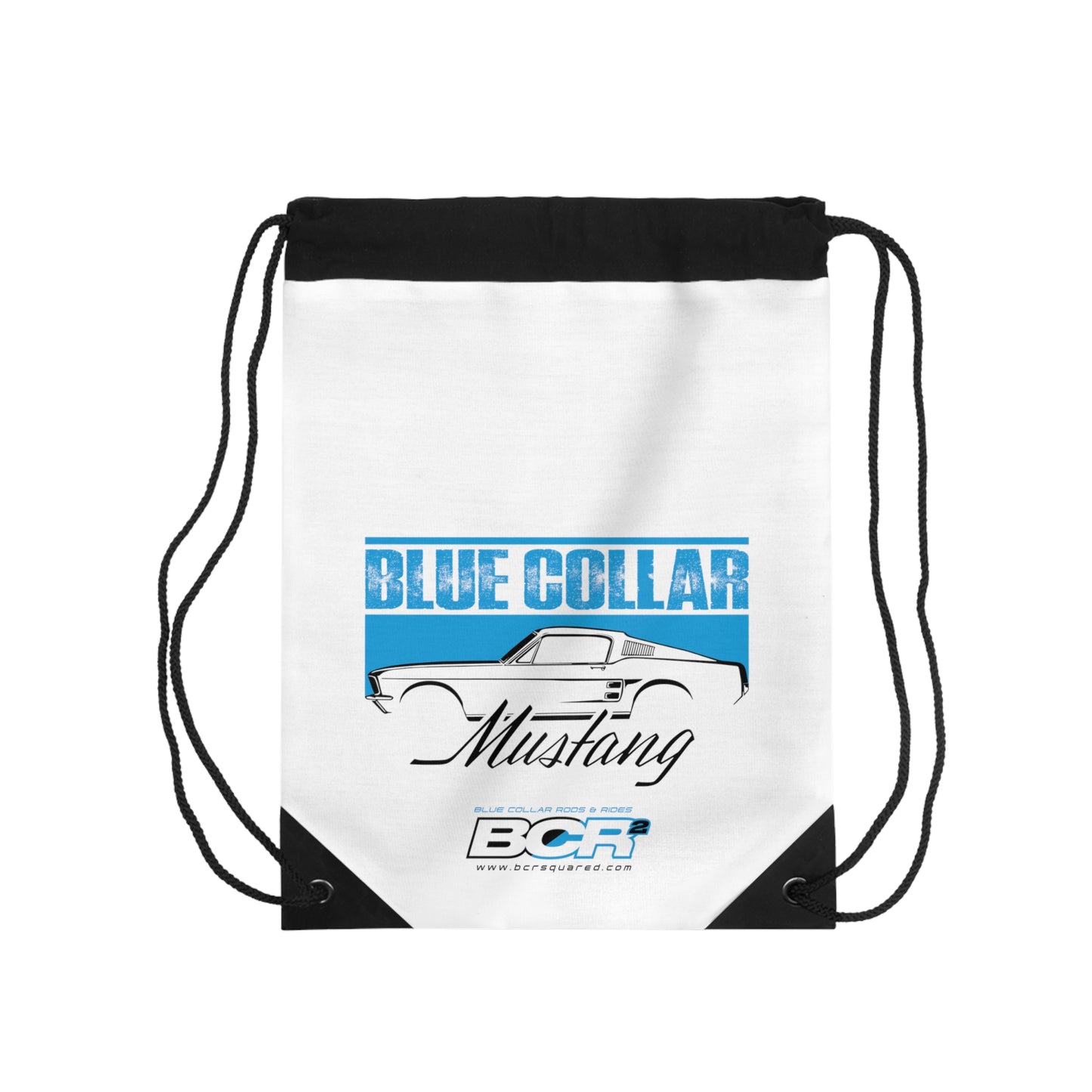 Blue Collar Mustang White Drawstring Bag